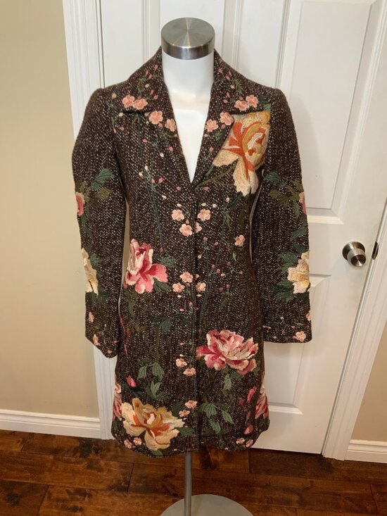 BLANKNYC Jackets & Blazers - Biya Brown Multicolored Embroidered Floral Tapestry Long Wool Coat